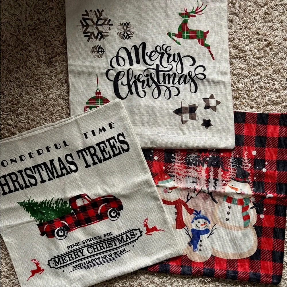 Vintage Looking Festive Christmas Pillow Covers Set - Red, Green, Black 17”x17”
